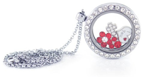 Floating Locket Necklace with 6 Mini Charms and Matching Chain (Silver Rhinestone Circle)