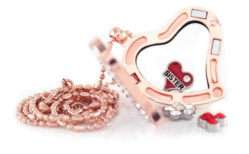 Floating Locket Necklace with 6 Mini Charms and Matching Chain (Rose Gold Heart)