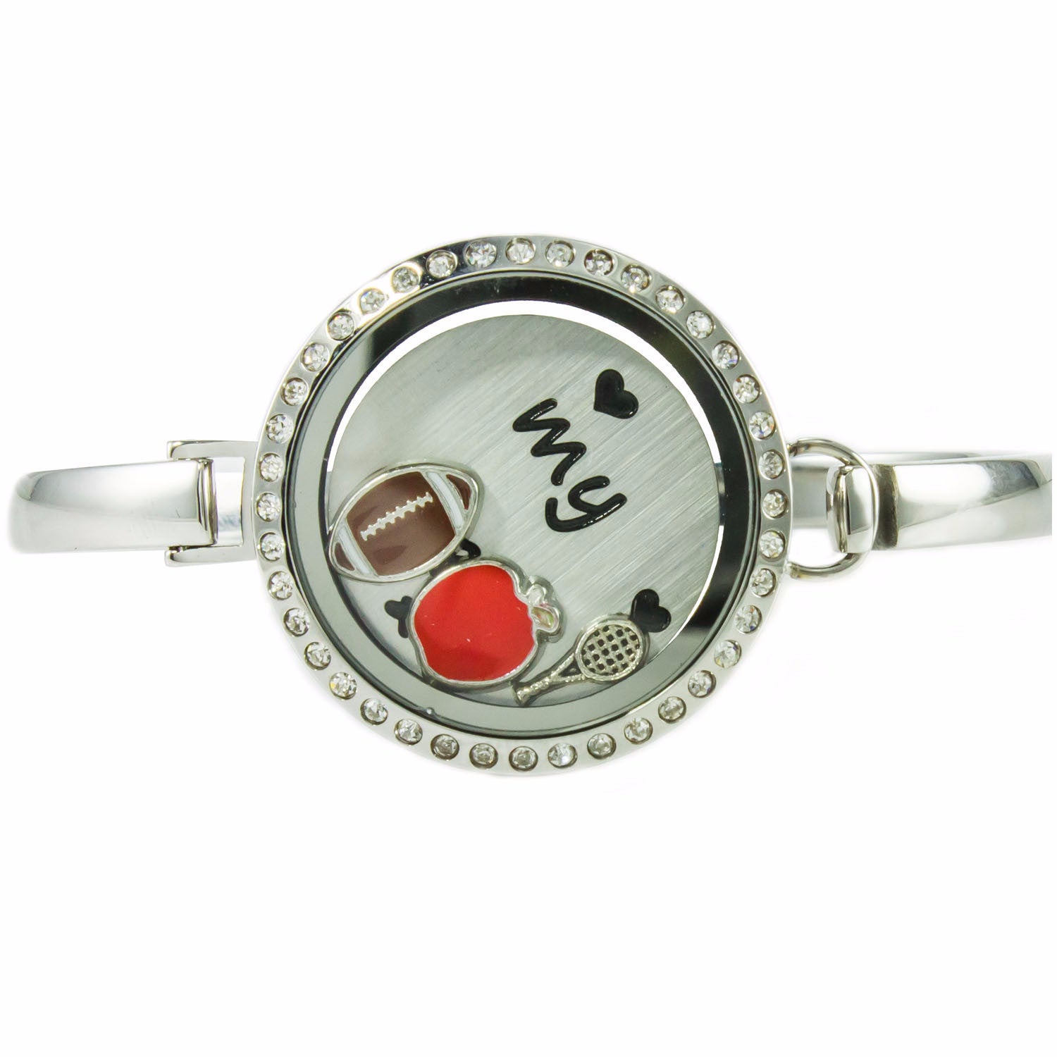 Floating Locket Bangle Bracelet with Choice of 6 Charms and 1 Plate (Silver Rhinestone Circle)