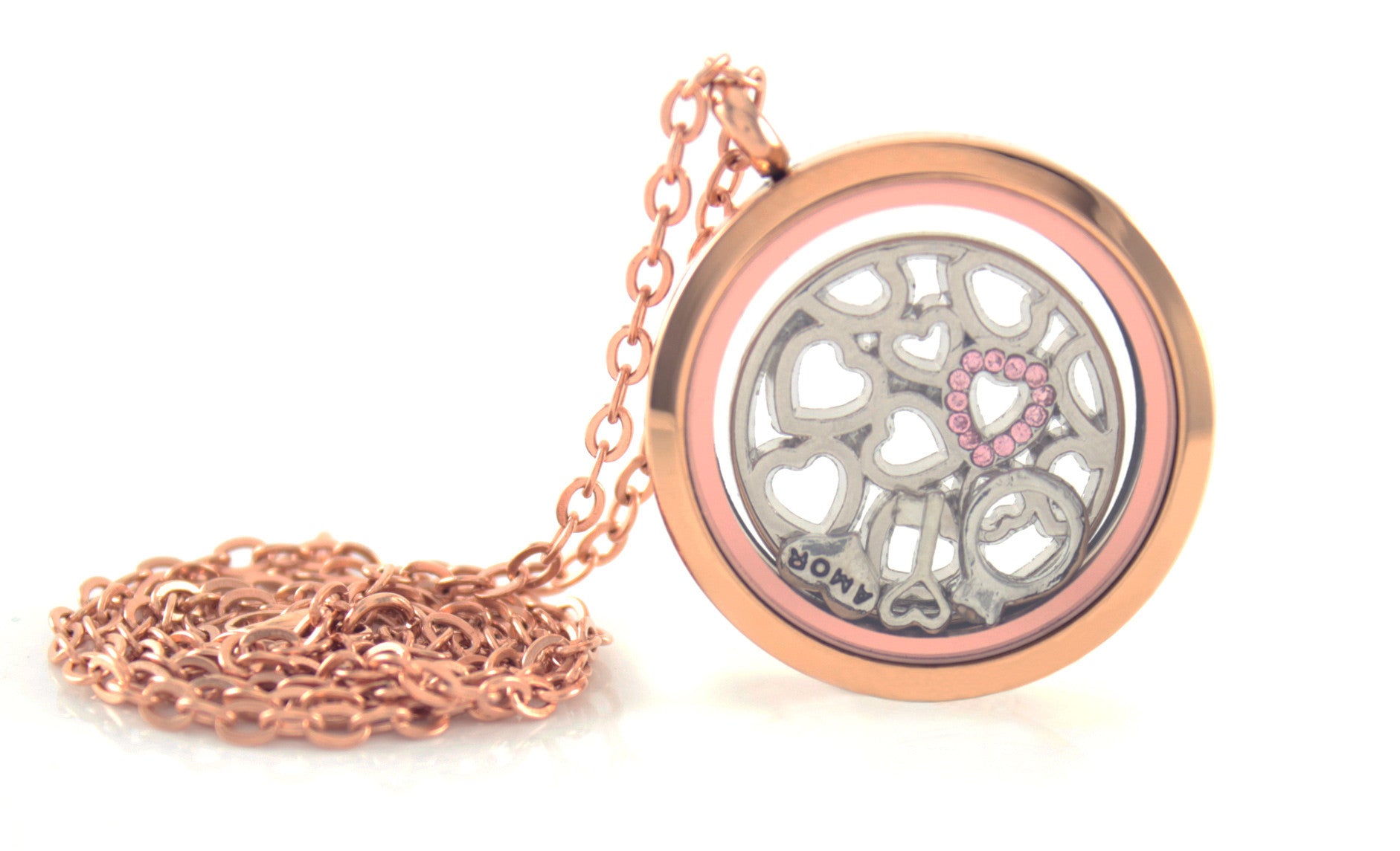 Stainless Steel Floating Locket Necklace with Choice of 6 Charms and 1 Plate (Rose Gold No Stone)