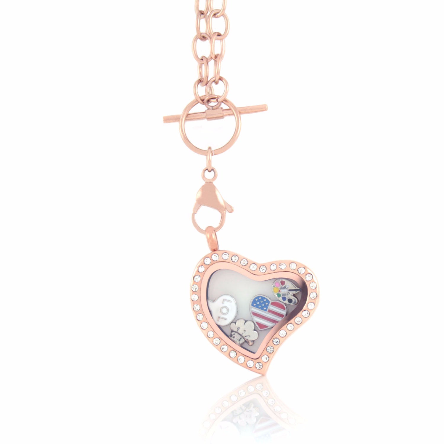 Floating Heart Locket with Choice of 6 Charms and Matching Toggle Chain (Rose Gold Toggle Heart)