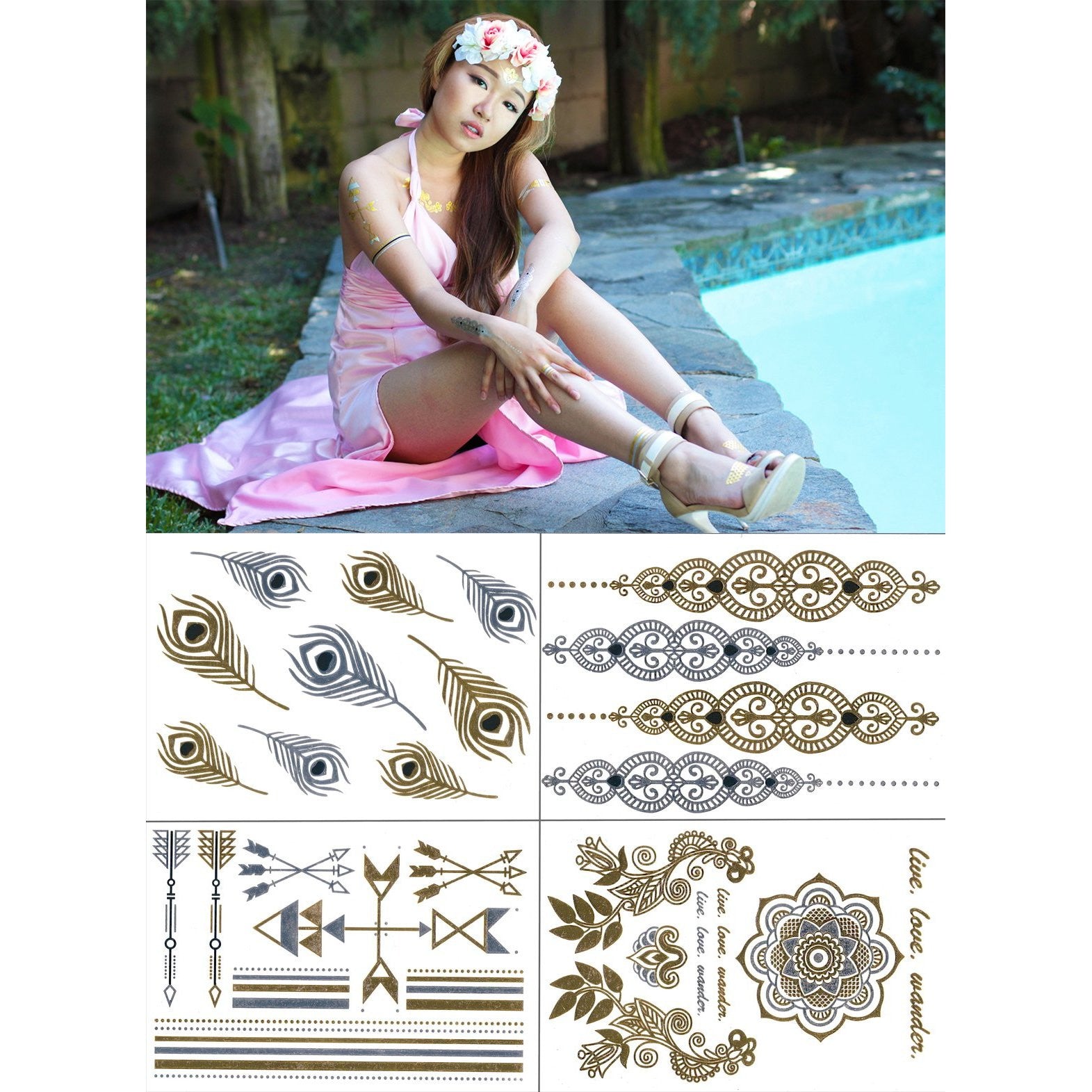 Temporary Metallic Tattoos Pack (Set of 4 Sheets) by BG247