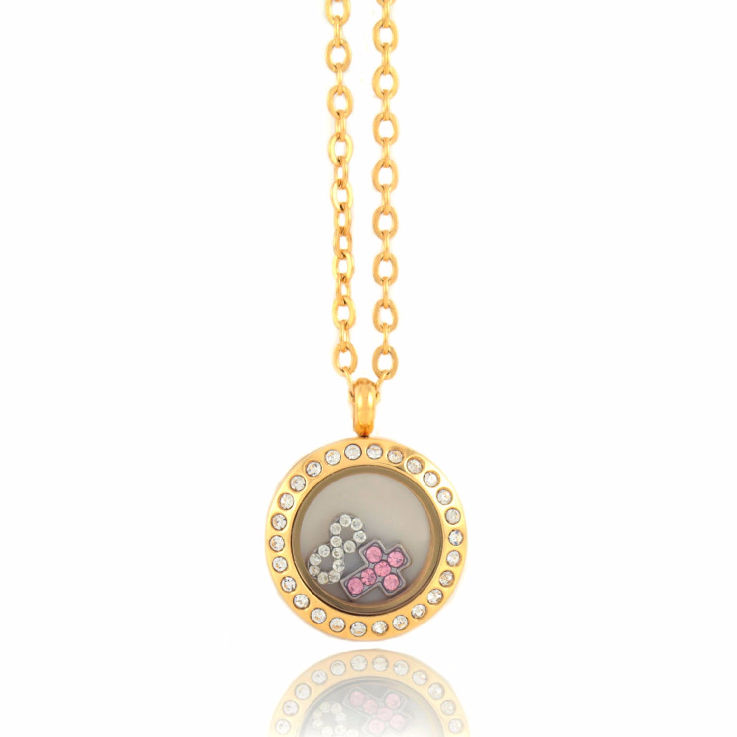 Stainless Steel Floating Locket Necklace with 4 Charms (Mini Gold Rhinestone)