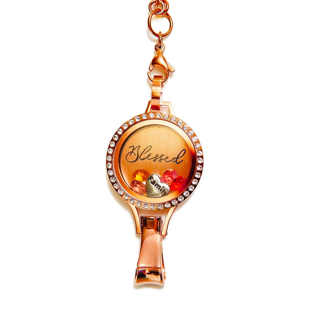 Stainless Steel Floating Locket Lanyard with Badge Holder ( Blessed Preset - Rose Gold Rhinestone | Stainless Steel - Twist )