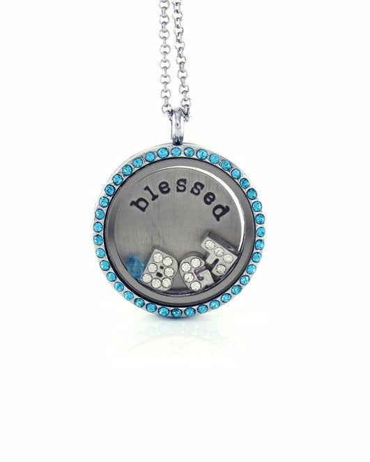 Floating Locket Necklace with Matching Chain and Choice of 6 Charms (Blue Rhinestone Circle)