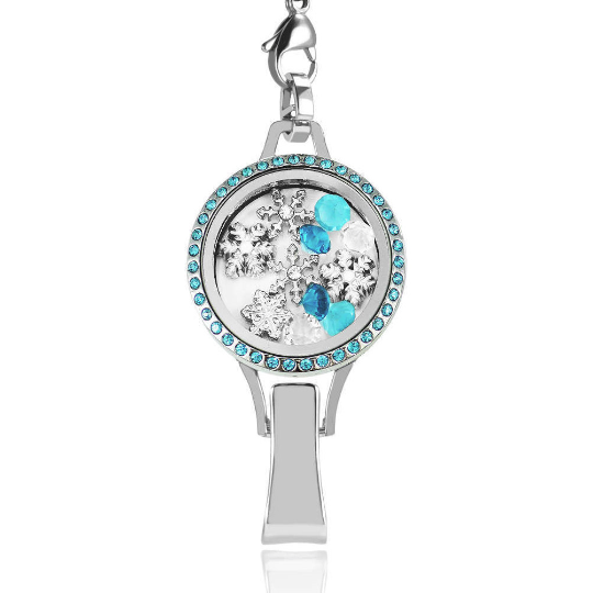 Floating Locket Lanyard with Badge Holder with Chain and 6 Charms and 1 Plate (Rhinestone)