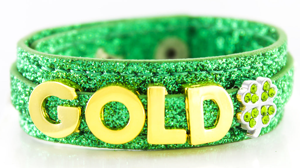 St. Patrick's Day Custom Glitter Bracelet with Gold Charms