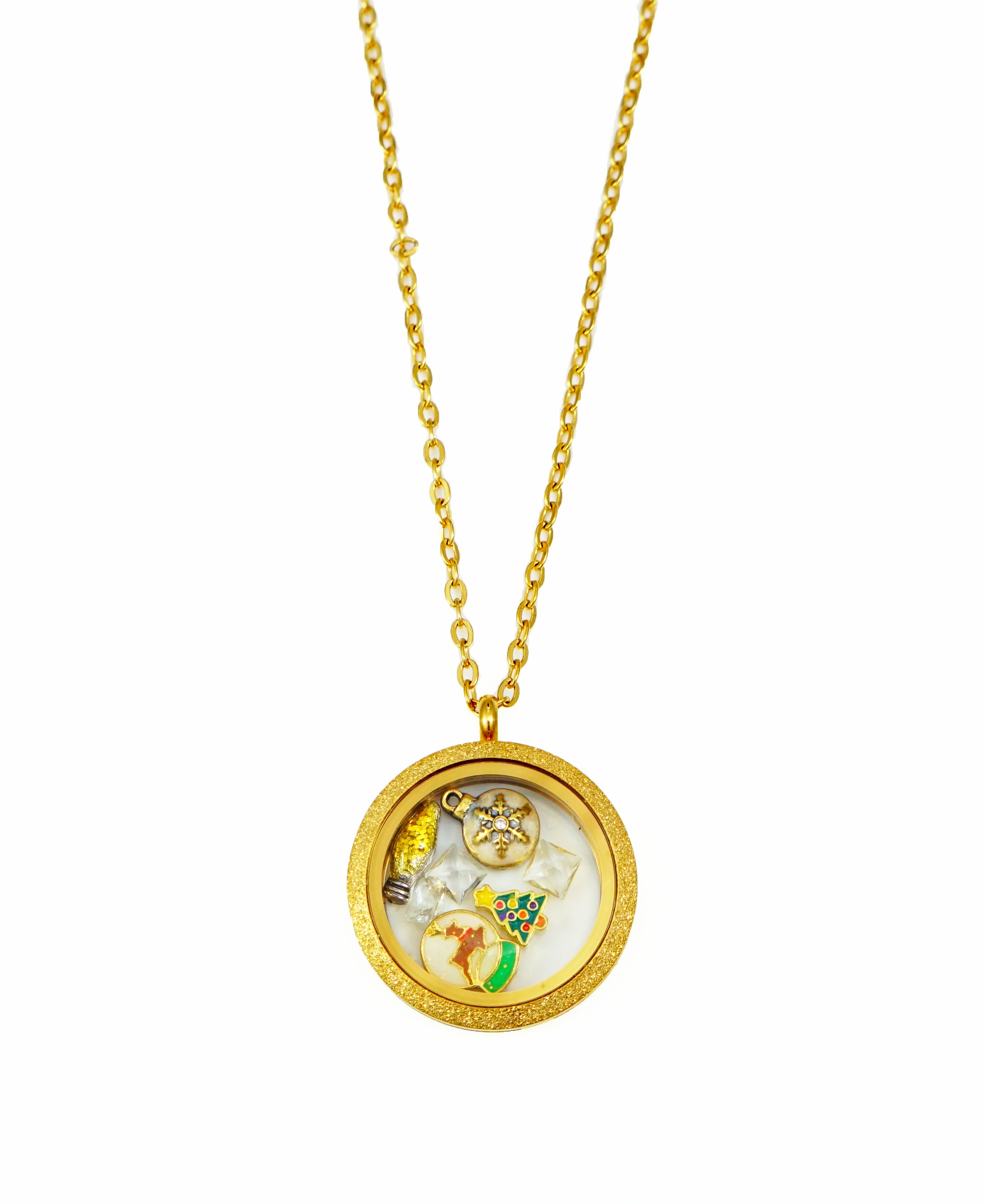 STAINLESS STEEL FLOATING LOCKET NECKLACE WITH 6 CHARMS AND 1 PLATE (GLITTER)
