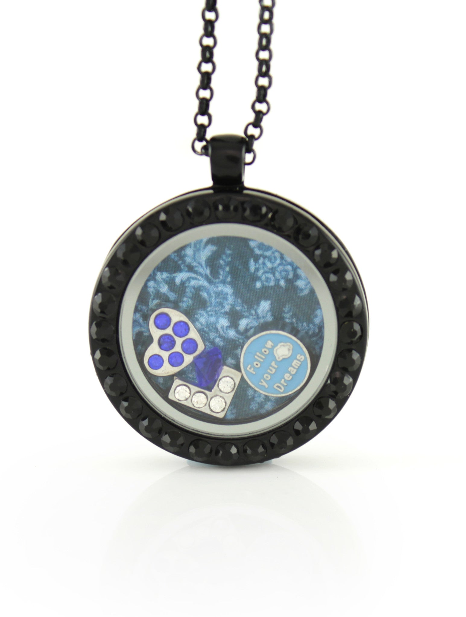 Floating Locket Necklace with 6 Mini Charms & Matching Chain (Gunmetal with Black Stone)
