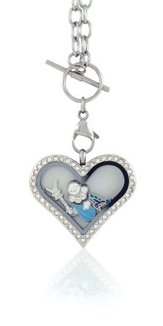 Floating Locket Necklace with 6 Charms and Matching Toggle Chain (Rhinestone Heart Large)