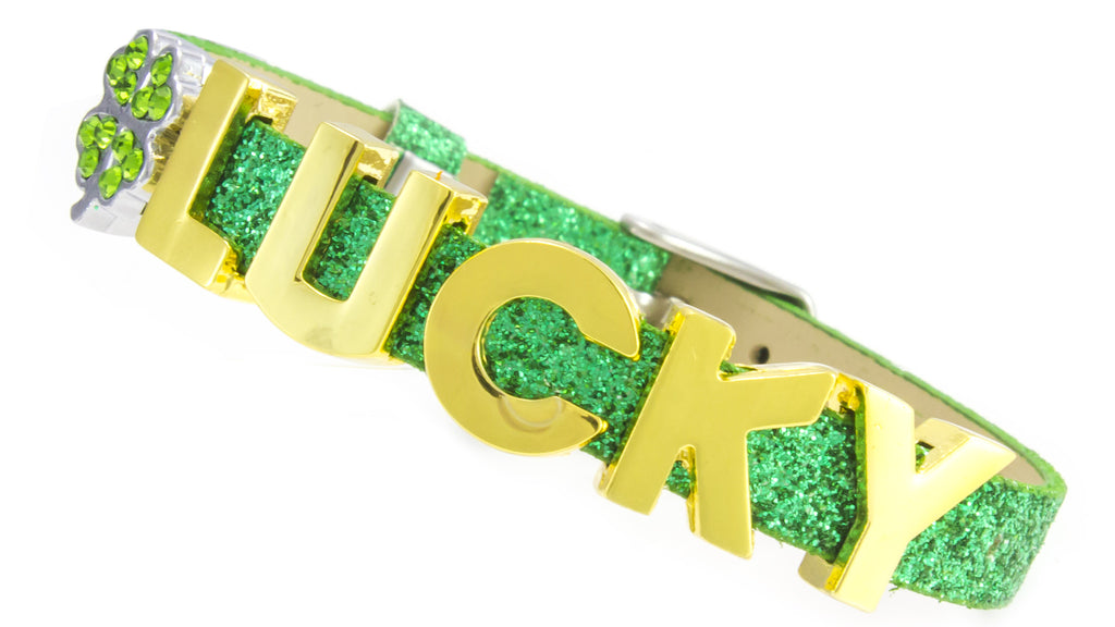 St Patrick's Day (Lucky) Green Glitter Bracelet with Gold Sliding Letter Charms