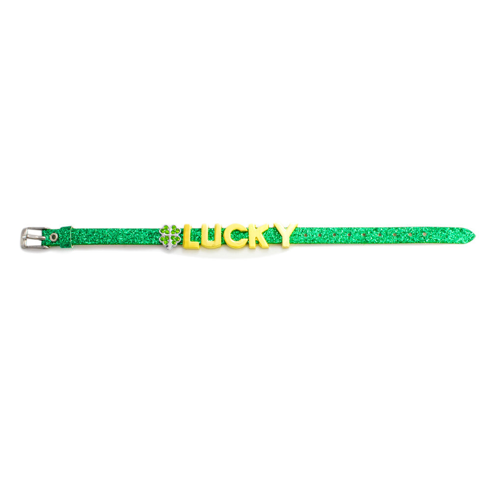 St Patrick's Day (Lucky) Green Glitter Bracelet with Gold Sliding Letter Charms