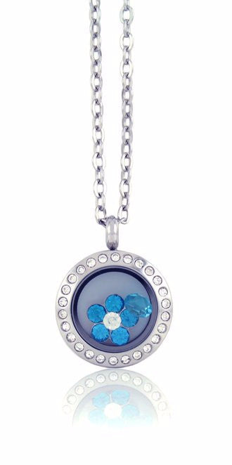 Stainless Steel Mini Floating Locket Necklace with Choice of 4 Charms (Mini Silver Rhinestone)