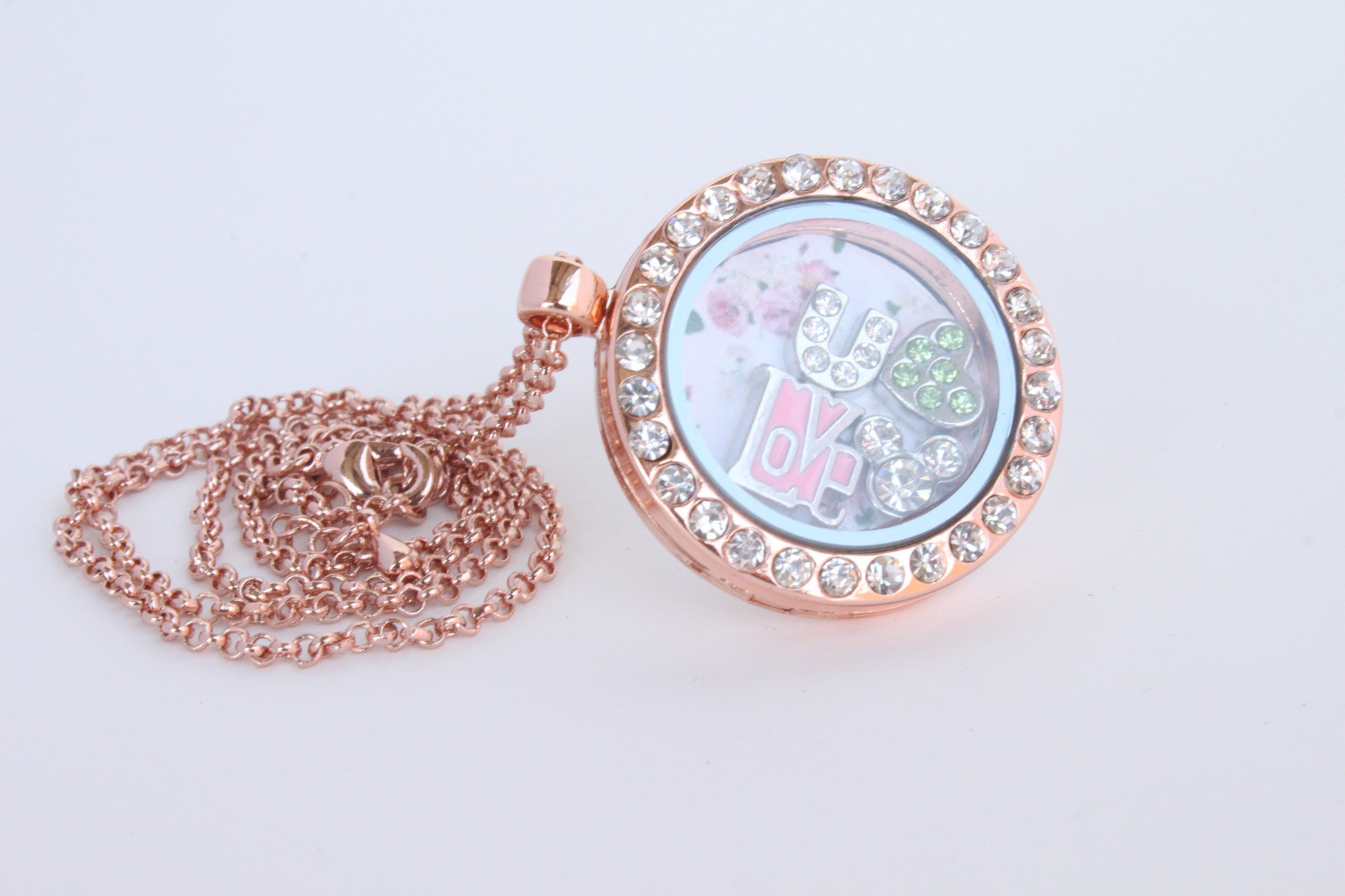 Floating Locket Necklace with 6 Mini Charms and Matching Chain (Rose Gold Circle)