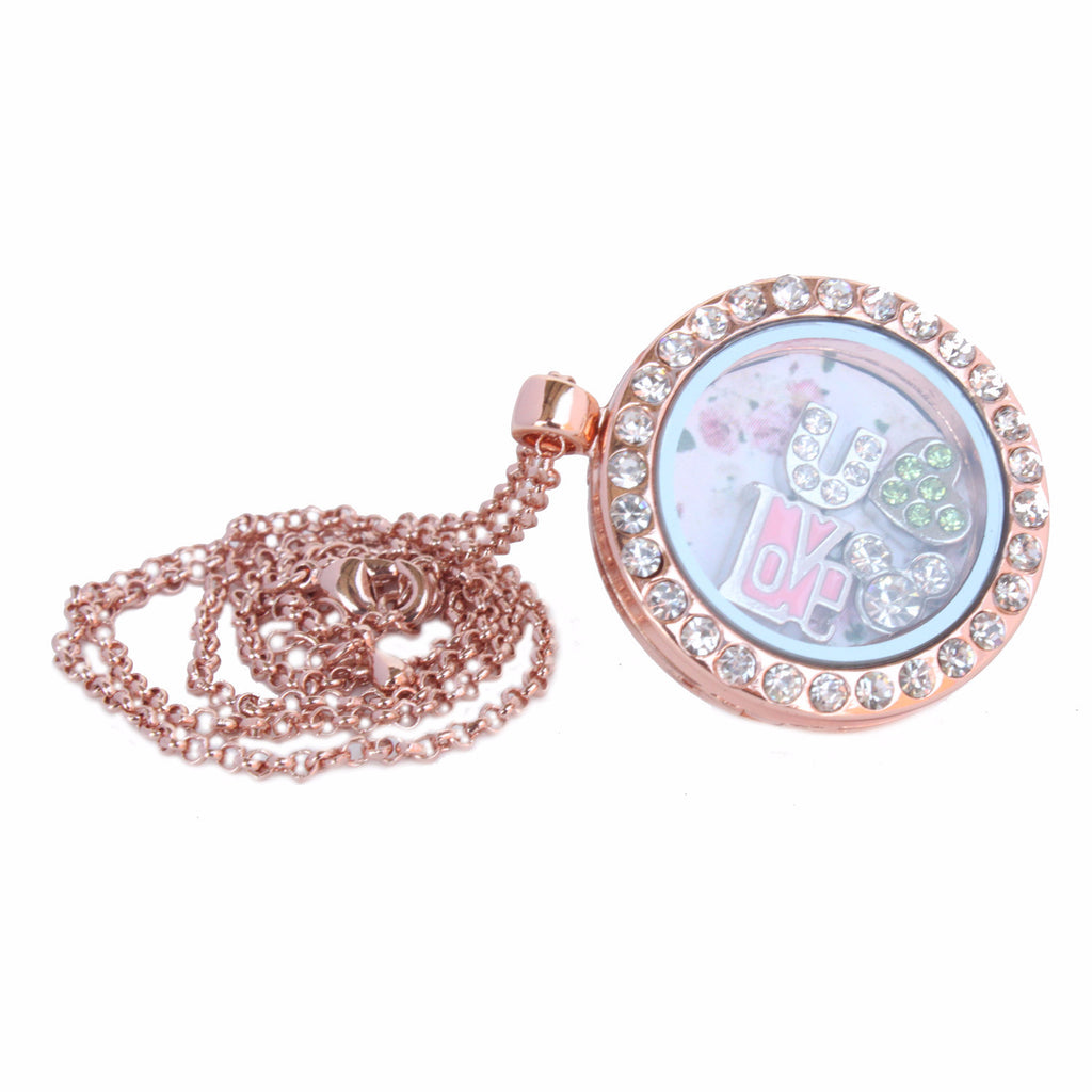 Floating Locket Necklace with 6 Mini Charms and Matching Chain (Rose Gold Circle)