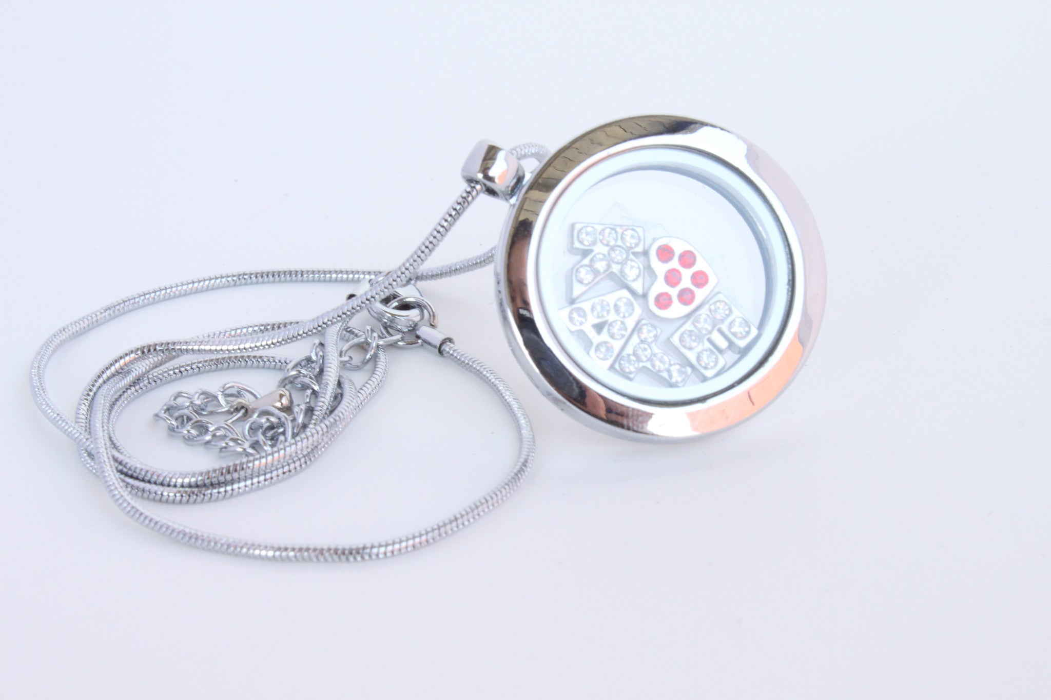 Floating Locket Necklace with 6 Mini Charms and Matching Chain (Silver No Stone Circle)