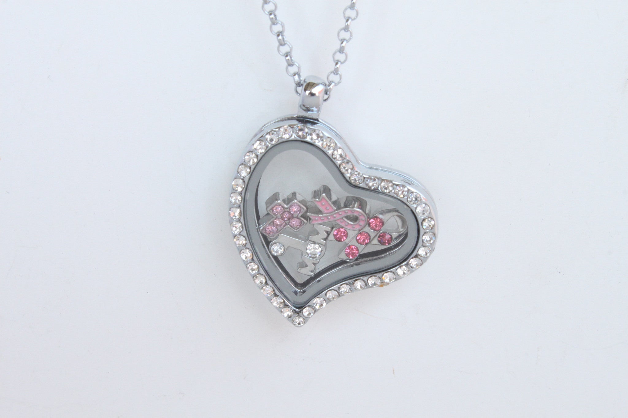Floating Locket Necklace with 6 Mini Charms and Matching Chain (Silver Rhinestone Heart)
