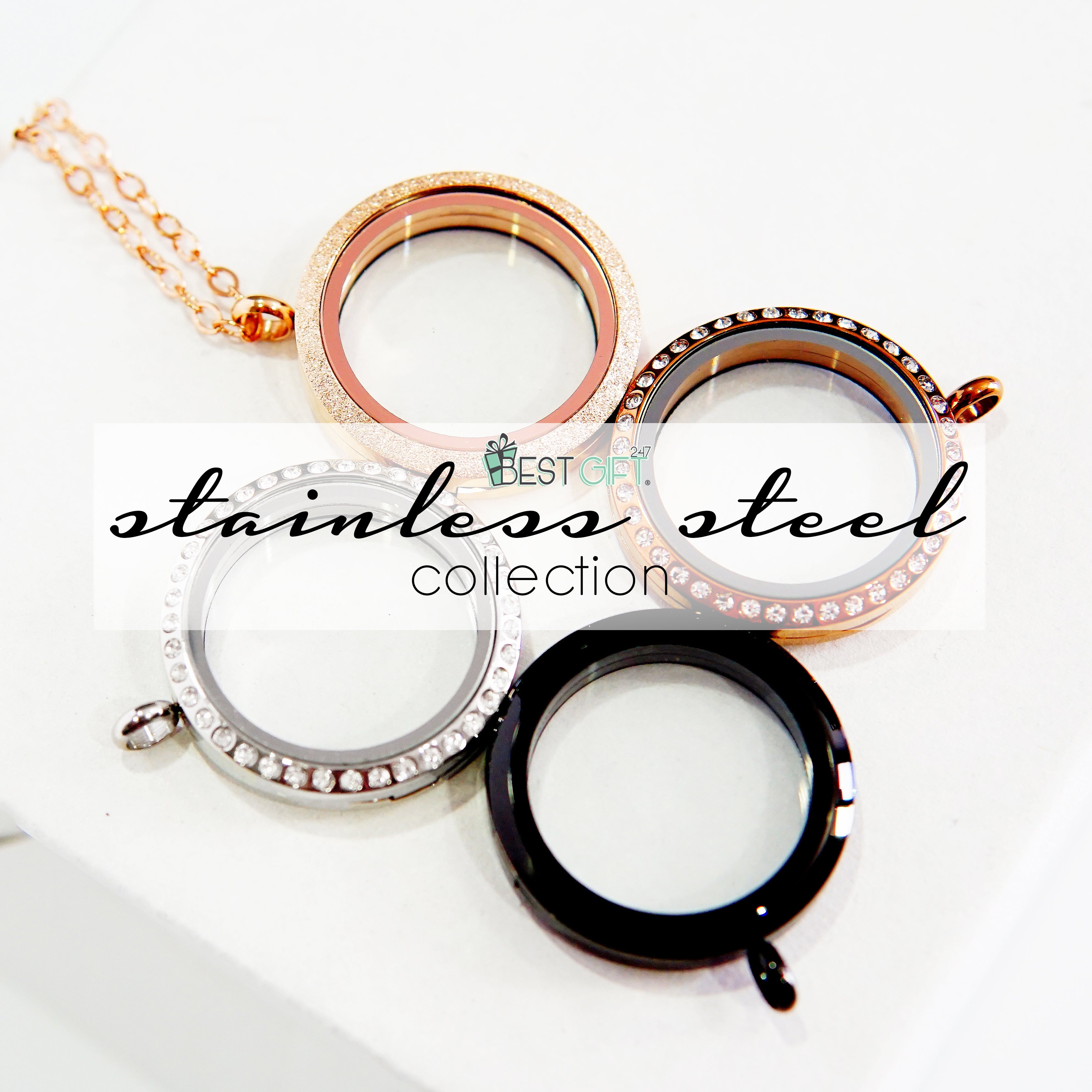STAINLESS STEEL FLOATING LOCKET NECKLACE WITH 6 CHARMS AND 1 PLATE (GLITTER)