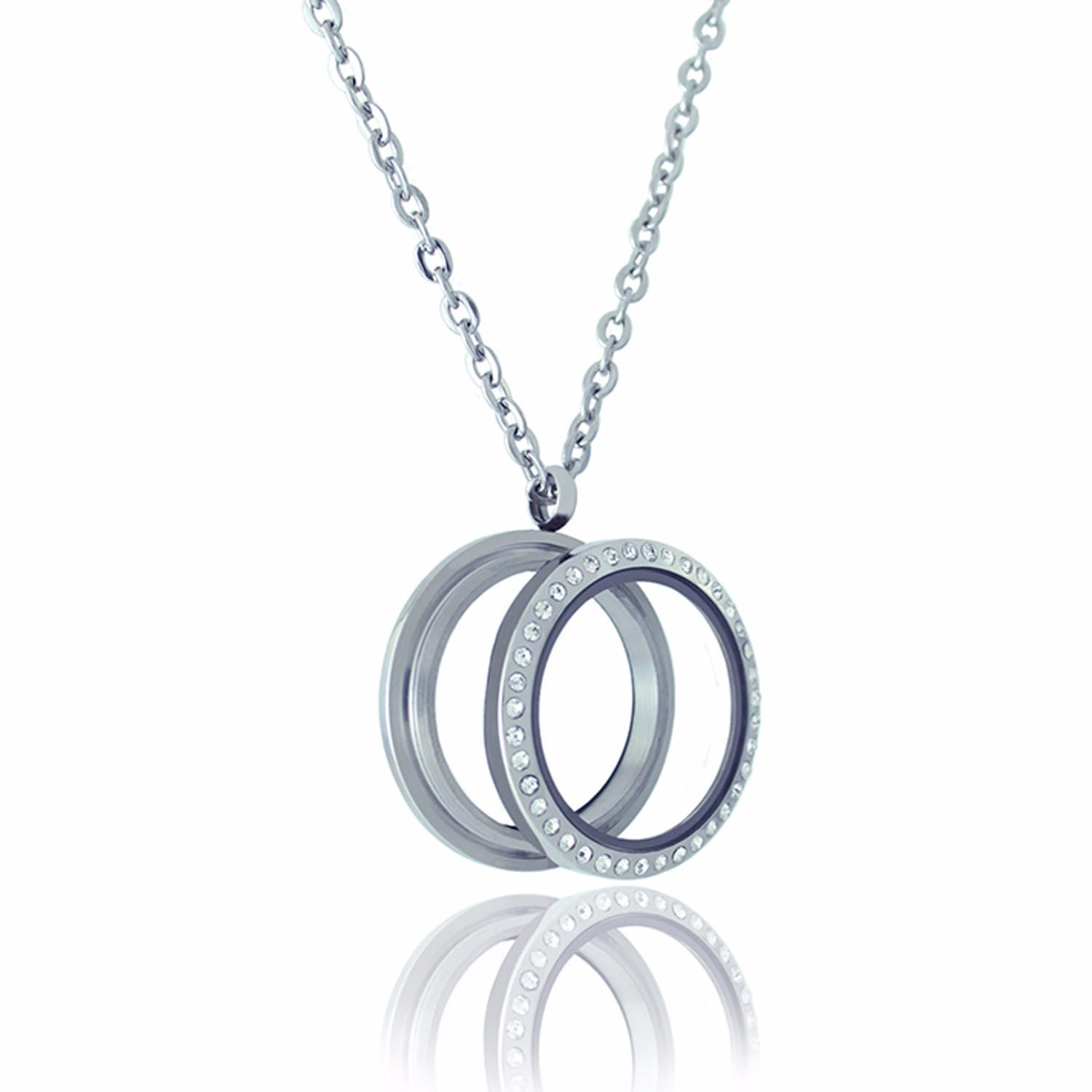 Floating Locket Necklace with Choice of 6 Charms and Matching Chain (Twist Silver Rhinestone Circle)
