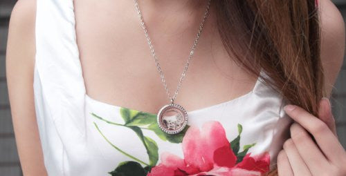 Stainless Steel Floating Locket Necklace with 6 Charms, 1 Plate, Chain (Silver Rhinestone Circle)
