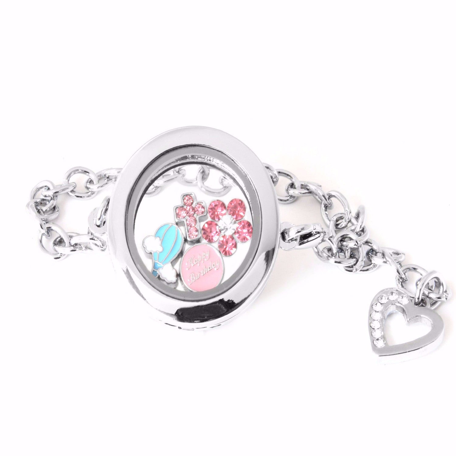 Silver Circle Floating Locket Bracelet with Dangling Heart and Choice of 4 Mini Charm