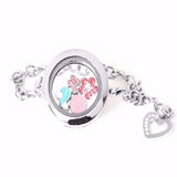 Silver Circle Floating Locket Bracelet with Dangling Heart and Choice of 4 Mini Charm