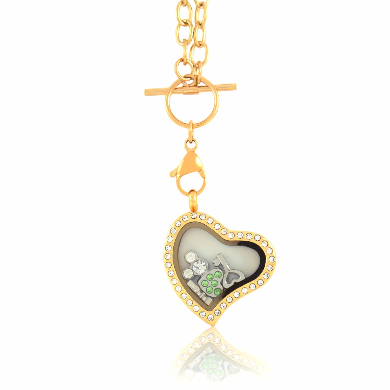 Floating Heart Locket with Choice of 6 Charms and Matching Toggle Chain (Gold Toggle Heart)