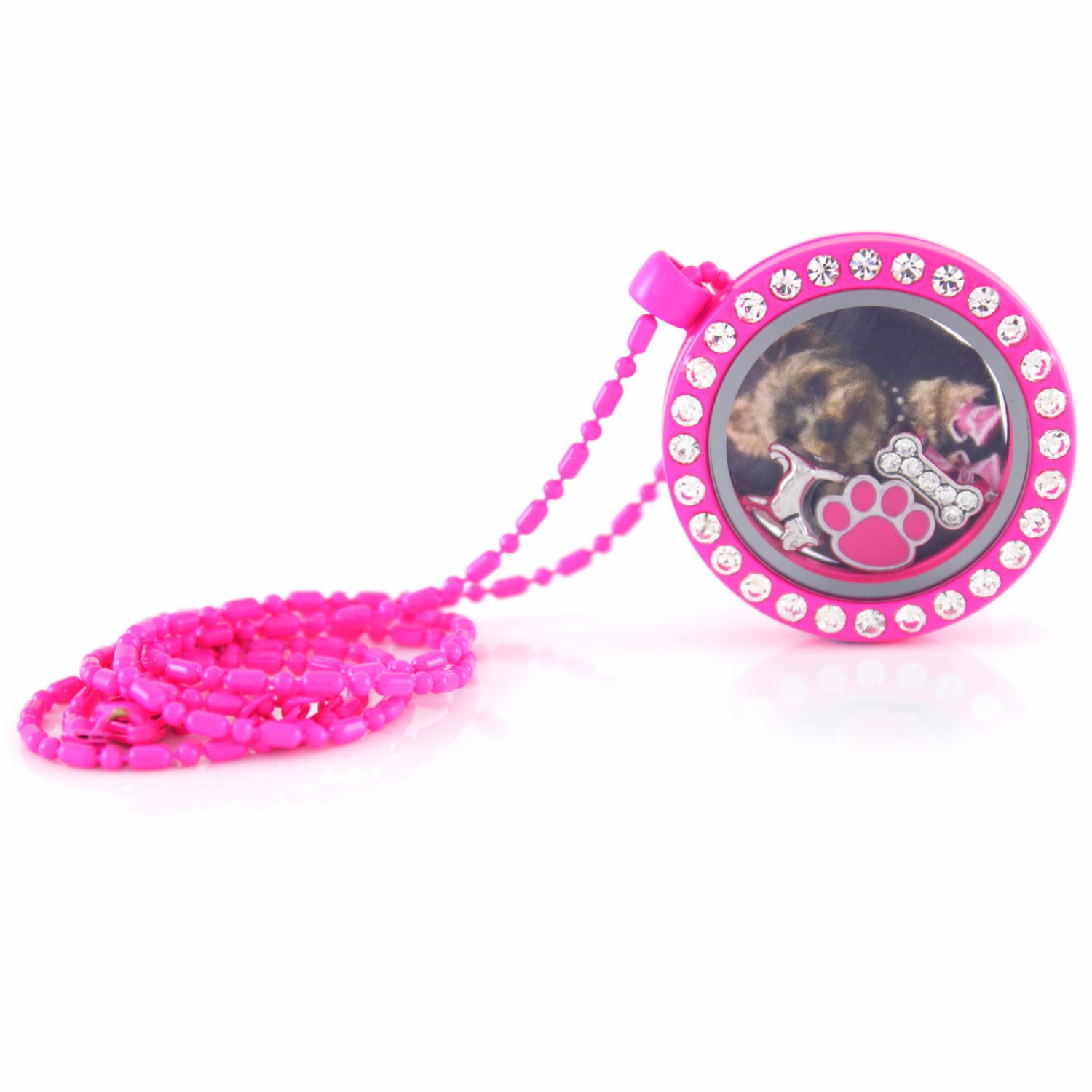 Floating Locket Necklace with Choice of 6 Charms and Matching Chain (Neon Hot Pink Circle)