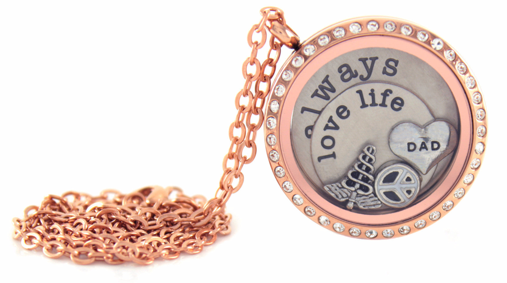 Stainless Steel Floating Locket Necklace with 6 Charms and 1 Plate (Rose Gold Rhinestone Circle)