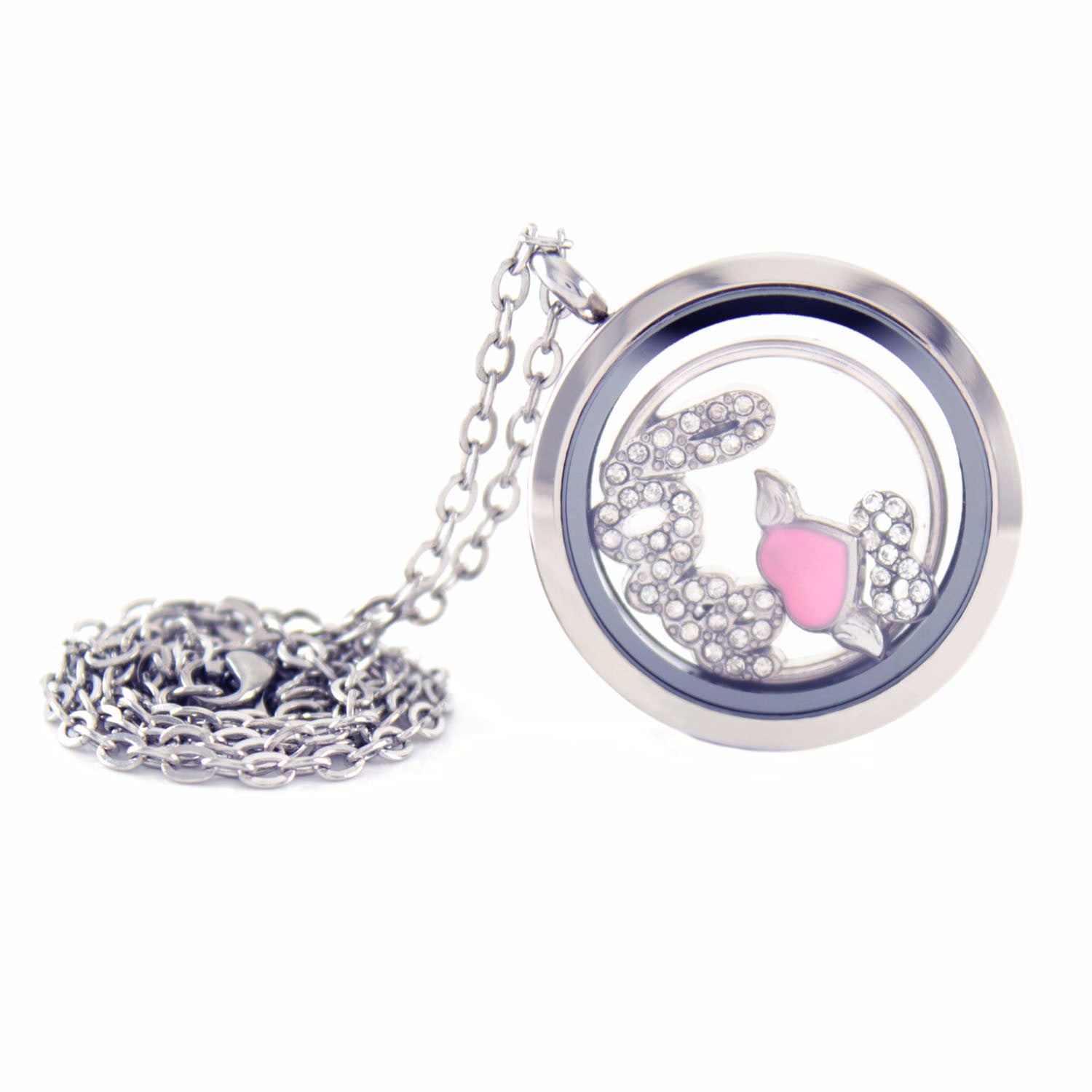 Stainless Steel Floating Locket Necklace with Choice of 6 Charms and 1 Plate (Silver No Stone)