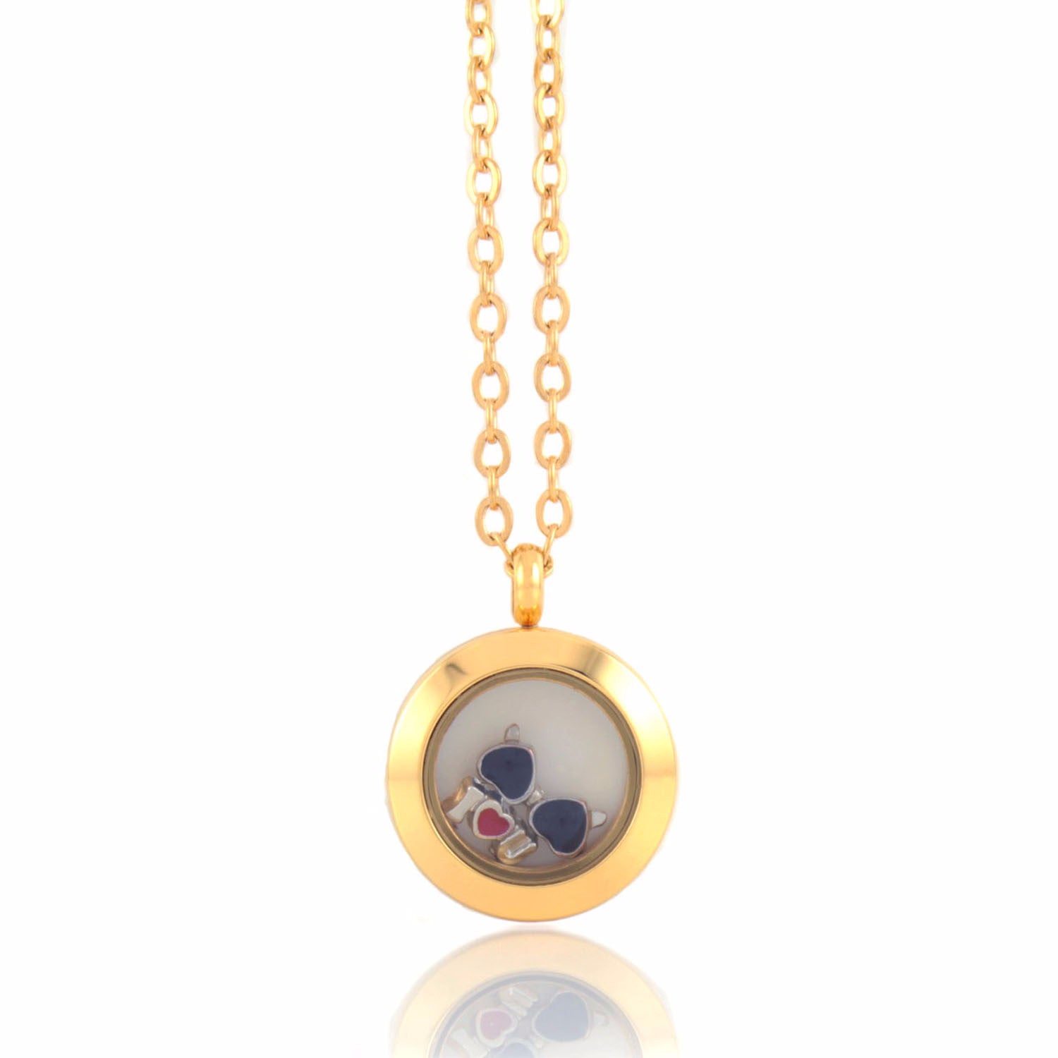 Stainless Steel FloatingLocket Necklace with 4 Charms (Mini Gold No Stone)