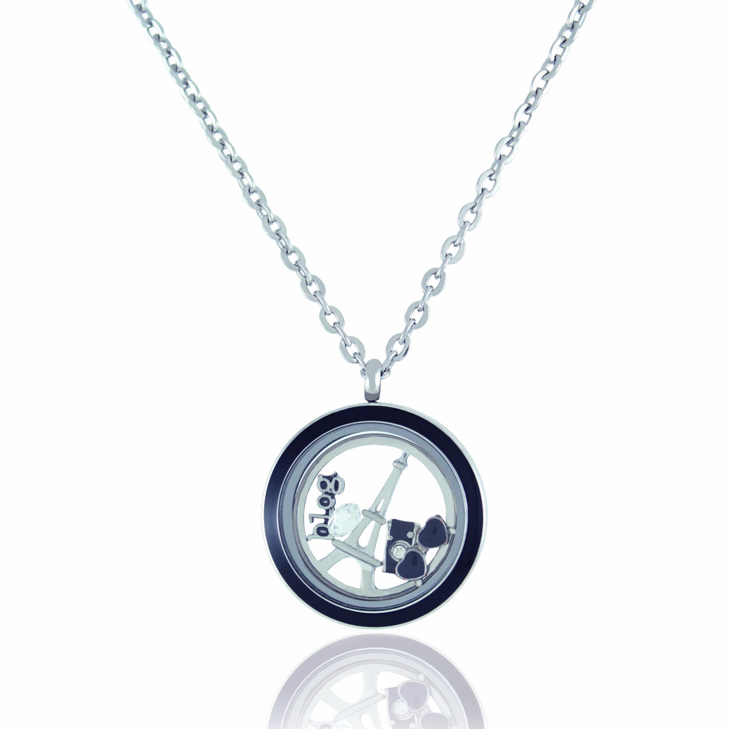 Floating Twist Locket Necklace with 6 Charms and Matching Chain (Twist Black Circle)