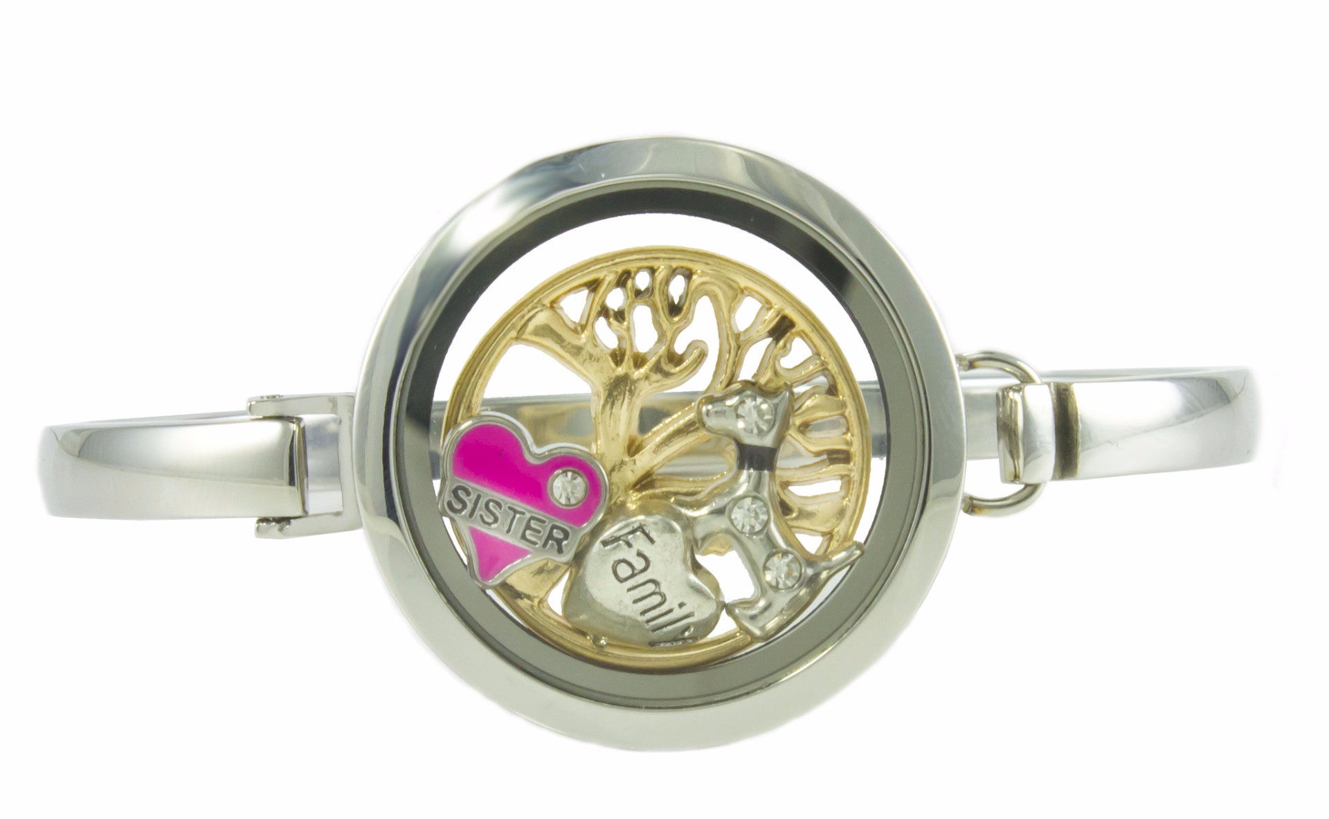 Floating Locket Bangle Bracelet with Choice of 6 Charms and 1 Plate (Silver No Stone)