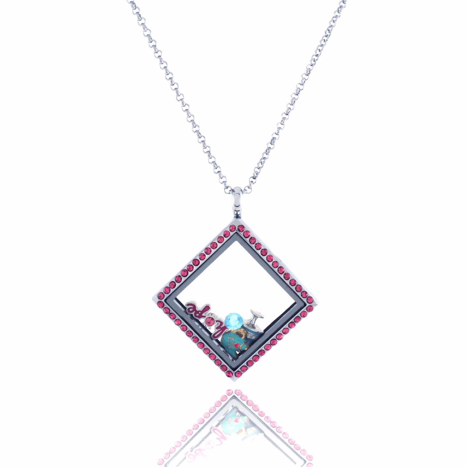 Floating Locket Necklace with Choice of 6 Charms and Matching Chain (Pink Rhinestone Diamond)