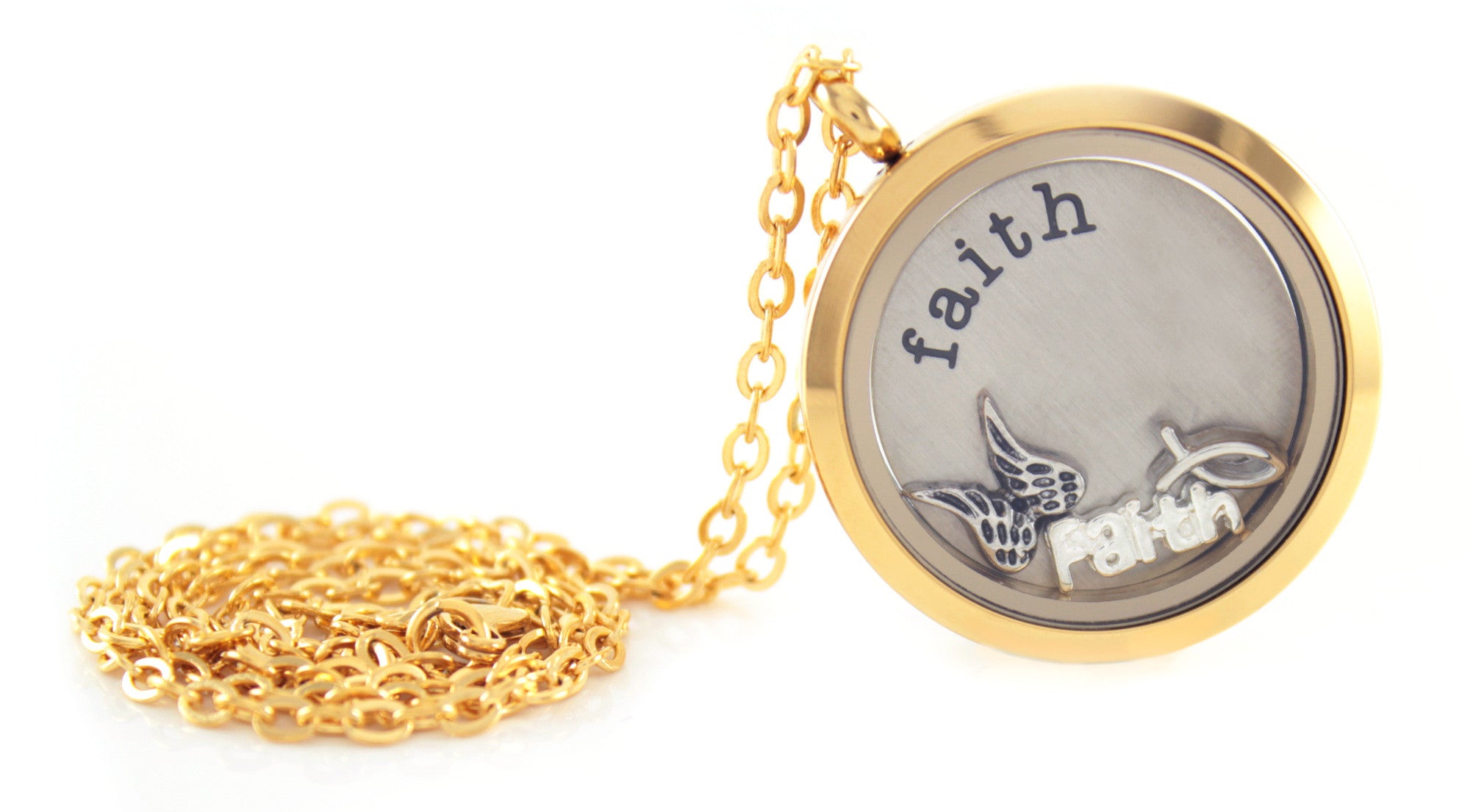 Stainless Steel Floating Locket Necklace with Choice of 6 Charms and 1 Plate (Gold No Stone)