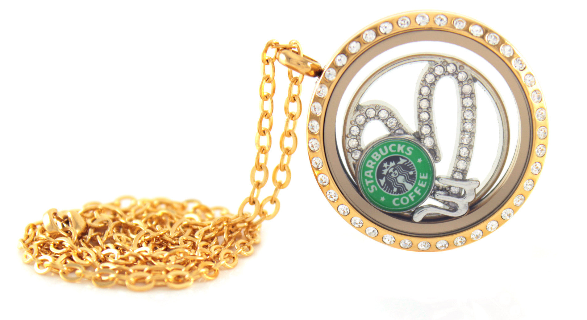 Stainless Steel Floating Locket Necklace with Choice of 6 Charms and 1 Plate (Gold Rhinestone)