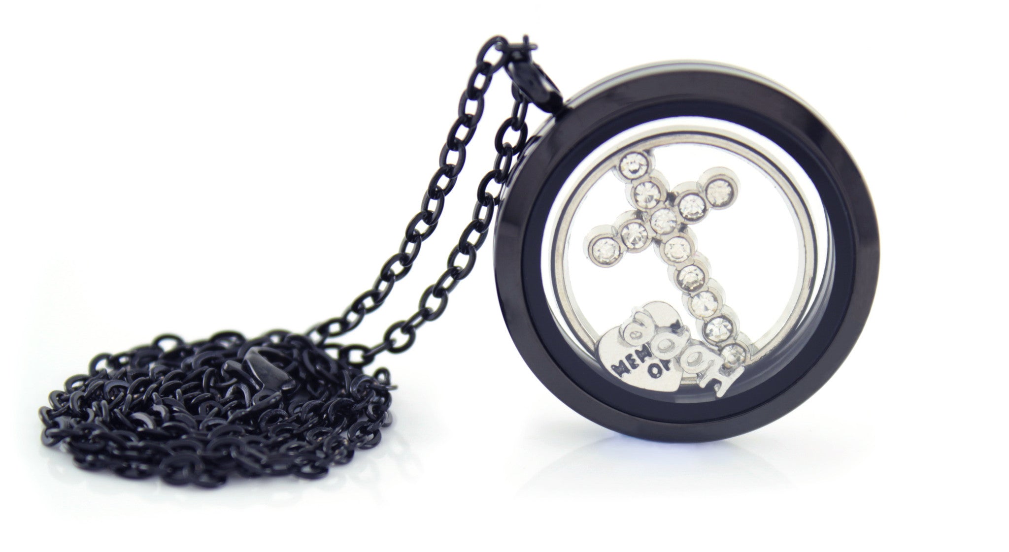 Stainless Steel Floating Locket Necklace with Choice of 6 Charms and 1 Plate (Gunmetal No Stone)