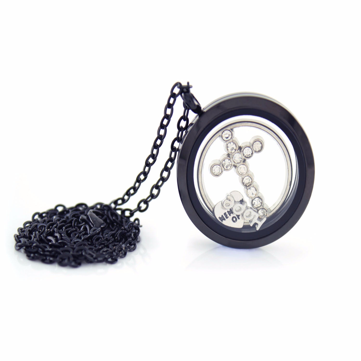Stainless Steel Floating Locket Necklace with Choice of 6 Charms and 1 Plate (Gunmetal No Stone)