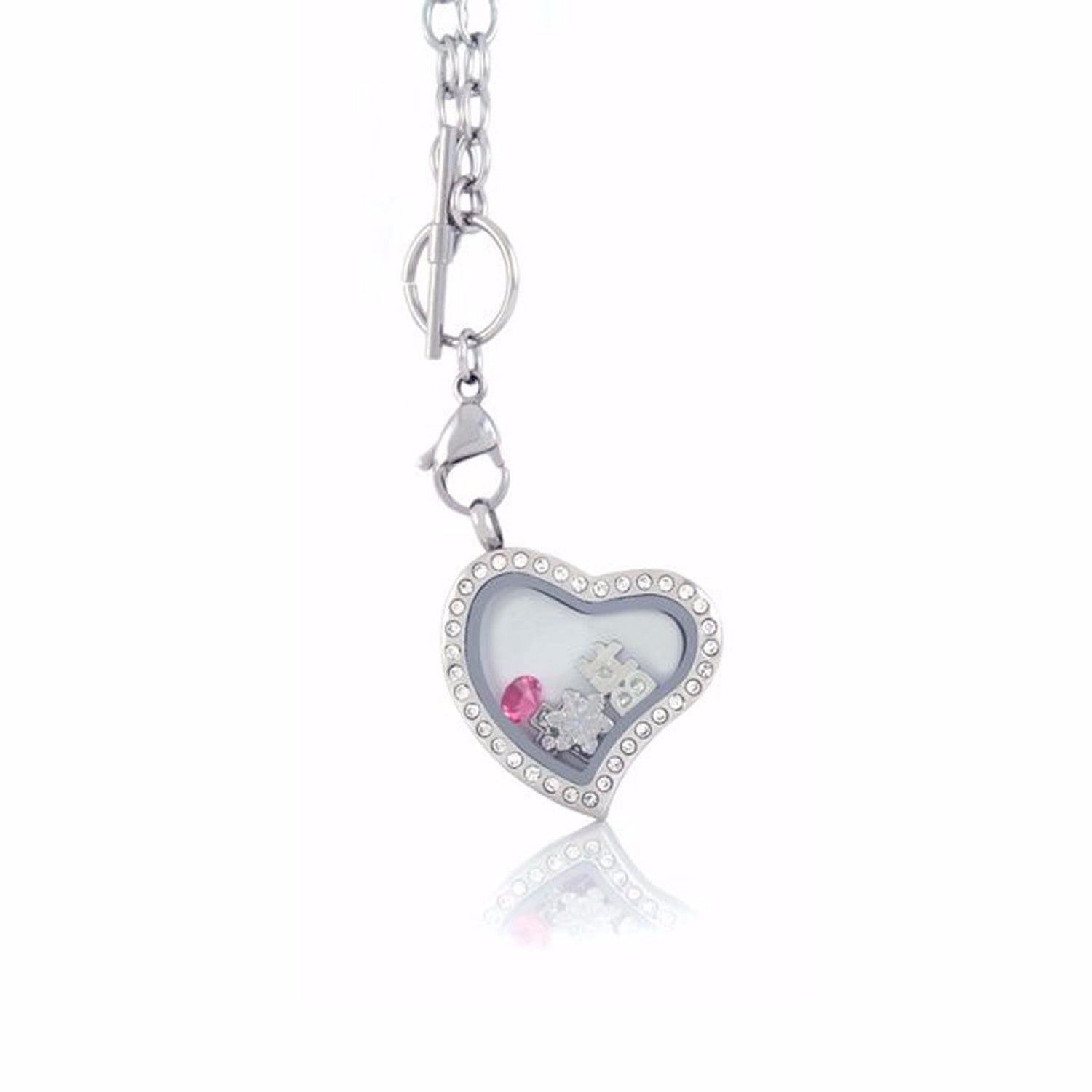 Floating Heart Locket with Choice of 6 Charms and Matching Toggle Chain (Silver Toggle Heart)