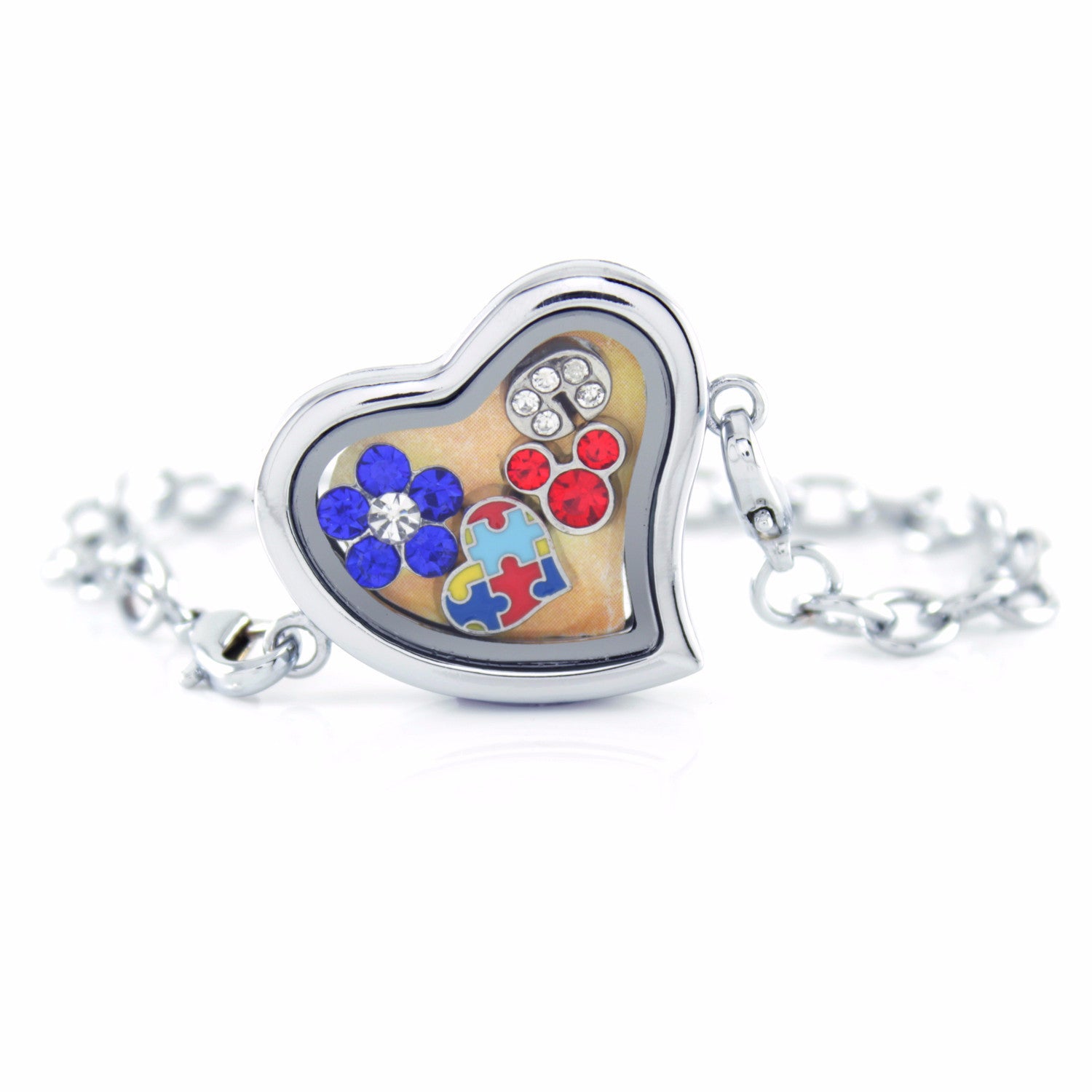 Silver Floating Locket Bracelet With Mini Charms Of Choices Silver Floating Locket Bracelet With Mini Charms Of Choices