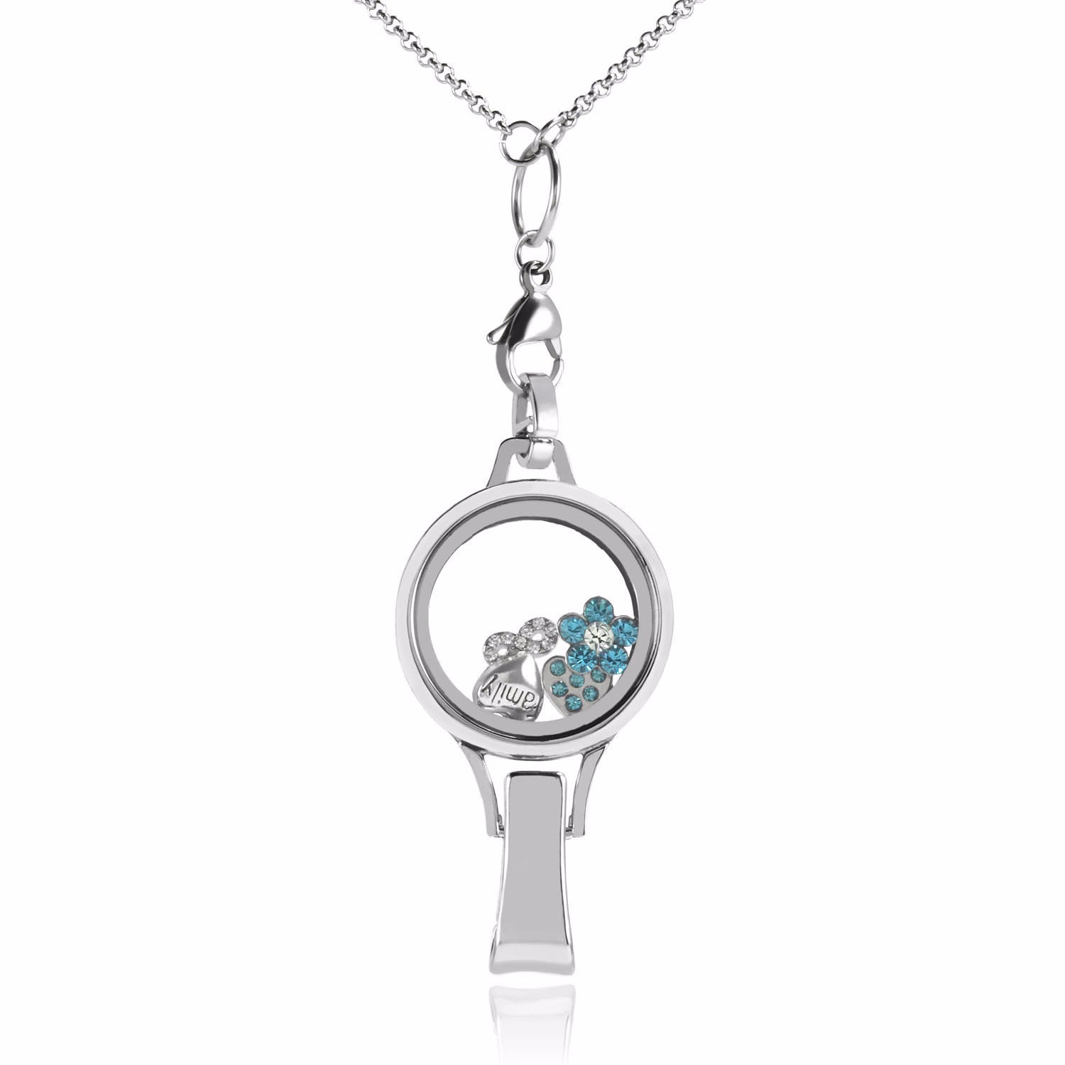 Floating Locket Lanyard with Badge Holder with Matching Chain, 6 Charms &1 Plate (Silver No Stone)