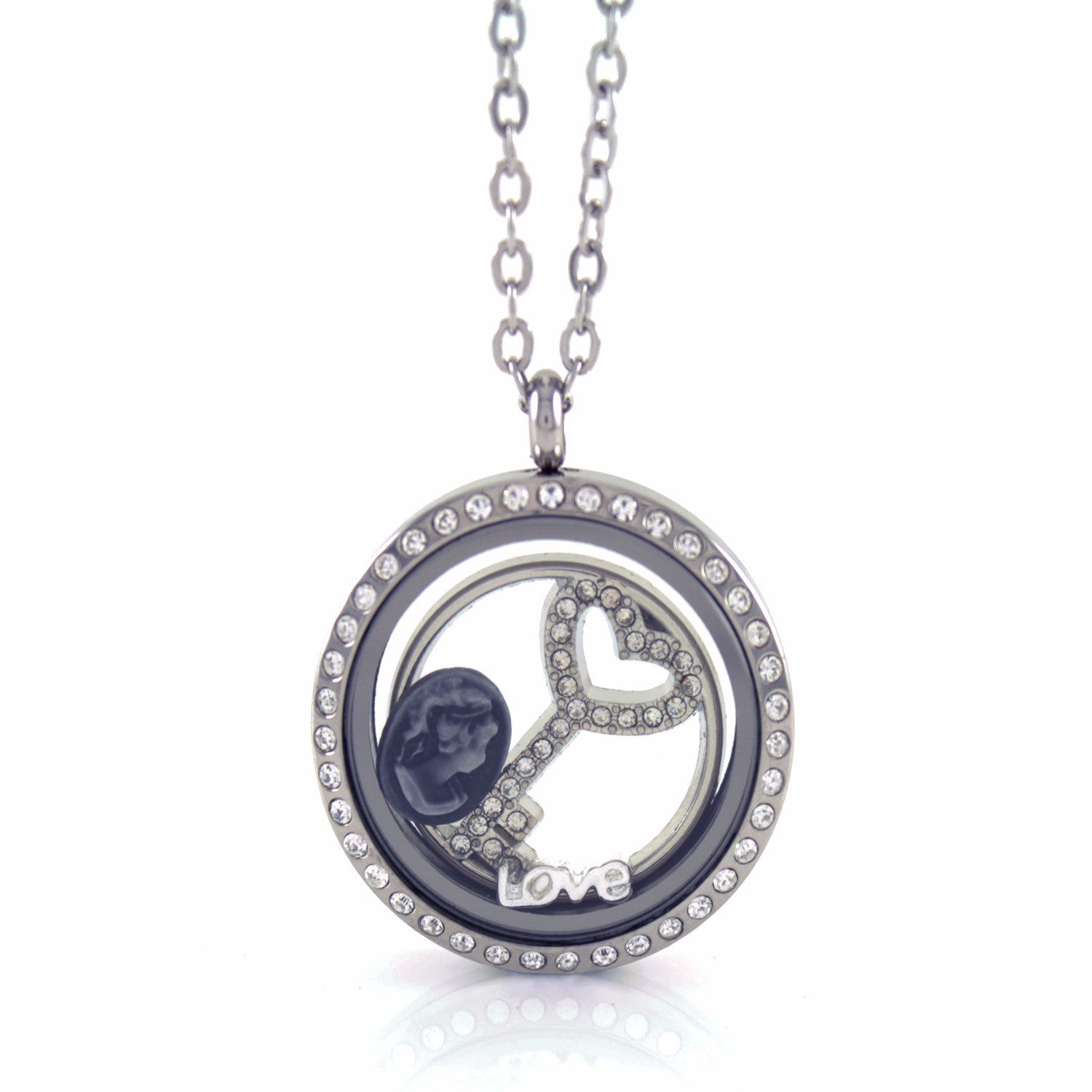 Stainless Steel Floating Locket Necklace with 6 Charms, 1 Plate, Chain (Silver Rhinestone Circle)
