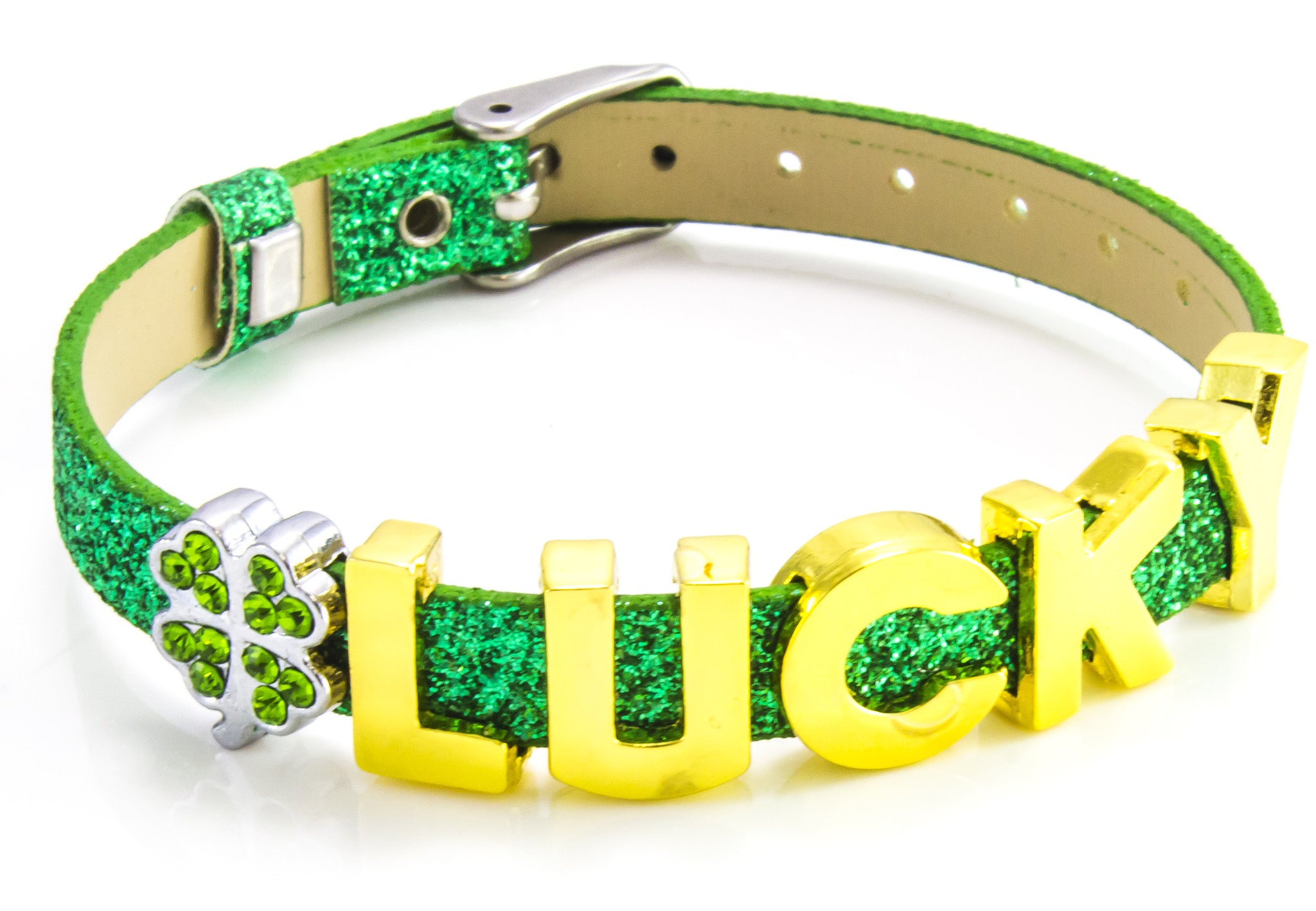 St Patrick's Day (Lucky) Green Glitter Bracelet with Gold Sliding Letter Charms