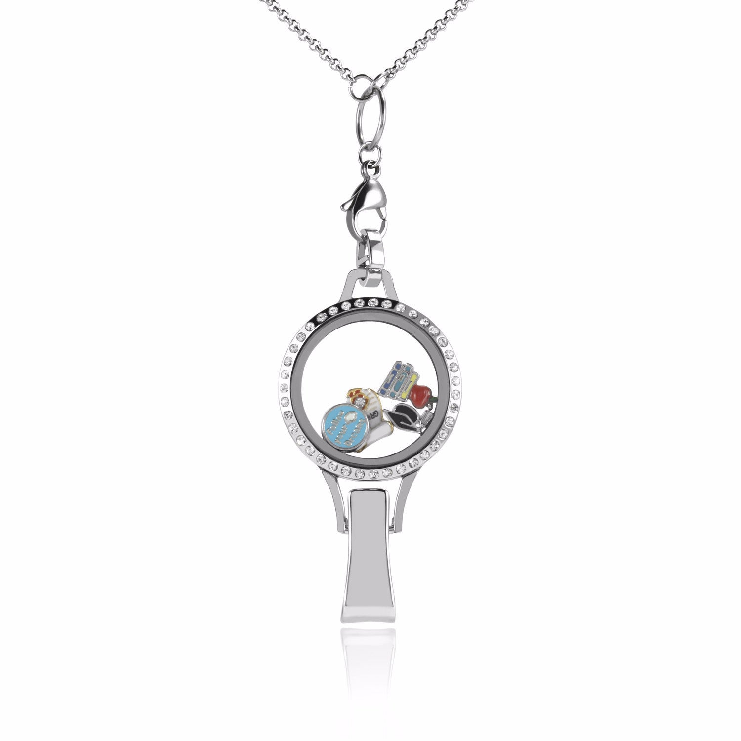 Floating Locket Lanyard with Badge Holder with Chain and 6 Charms and 1 Plate (Rhinestone)