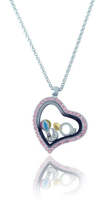 Floating Locket Necklace with Matching Chain and Choice of 6 Charms (Pink Rhinestone Heart)