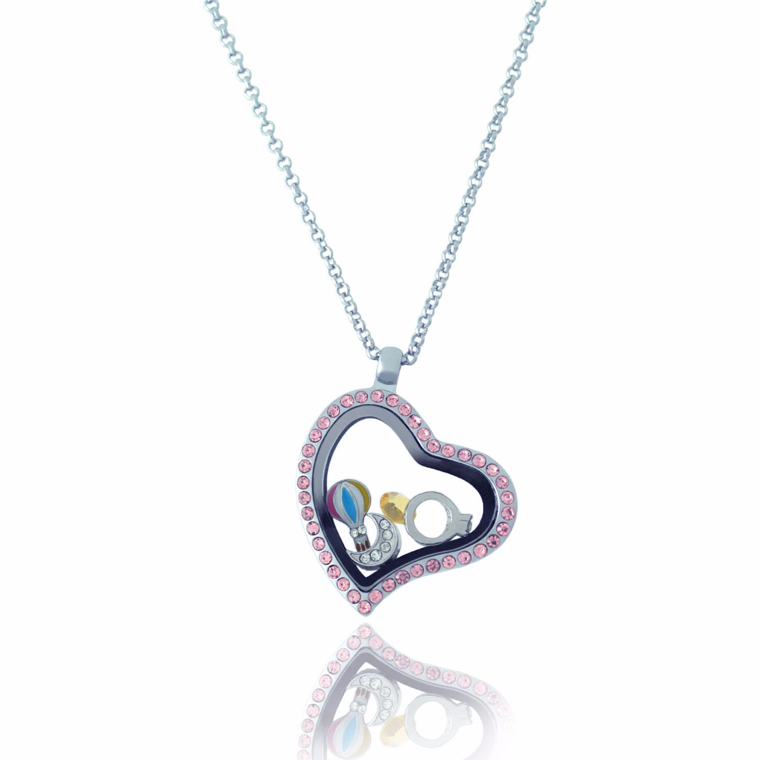 Floating Locket Necklace with Matching Chain and Choice of 6 Charms (Pink Rhinestone Heart)