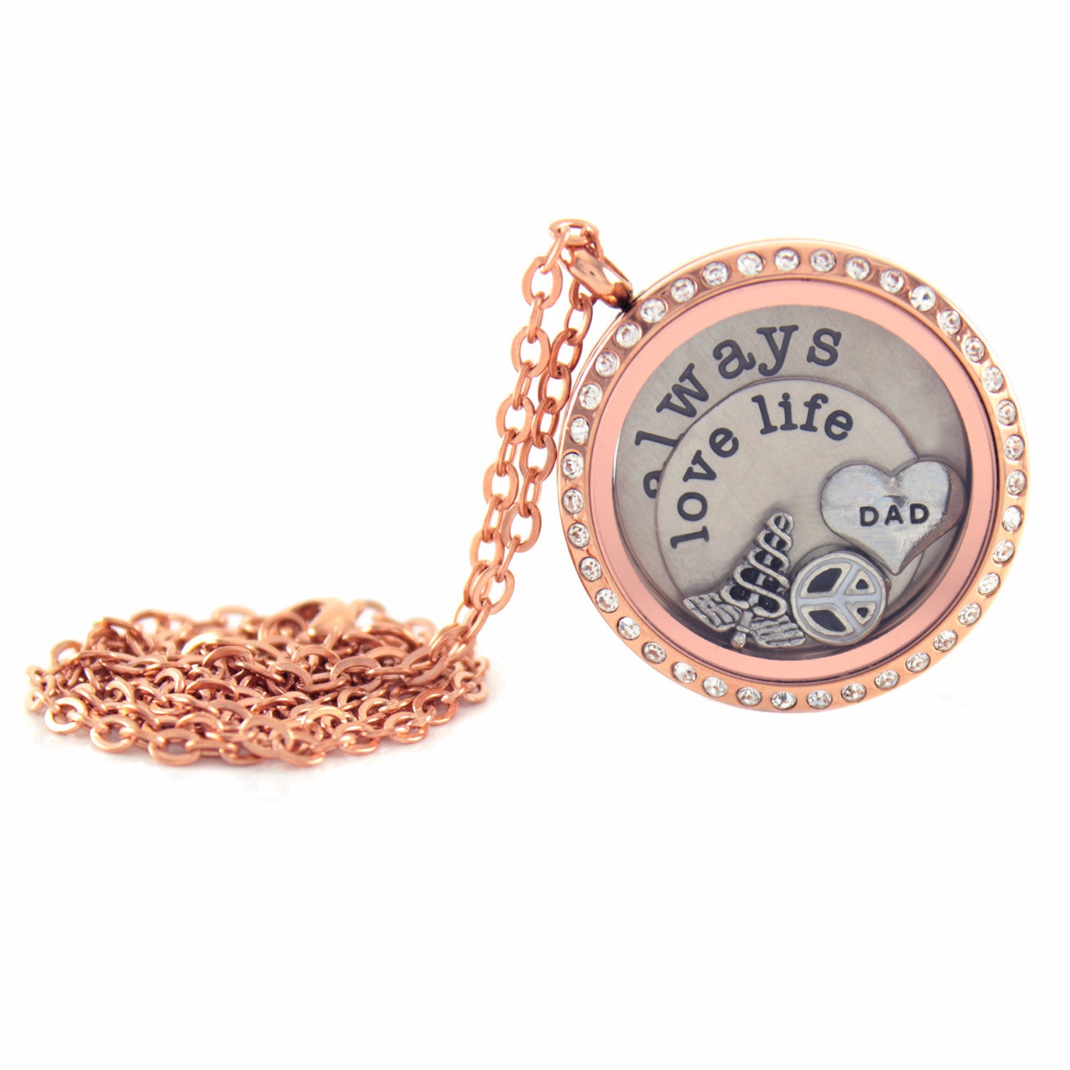 Stainless Steel Floating Locket Necklace with 6 Charms and 1 Plate (Rose Gold Rhinestone Circle)