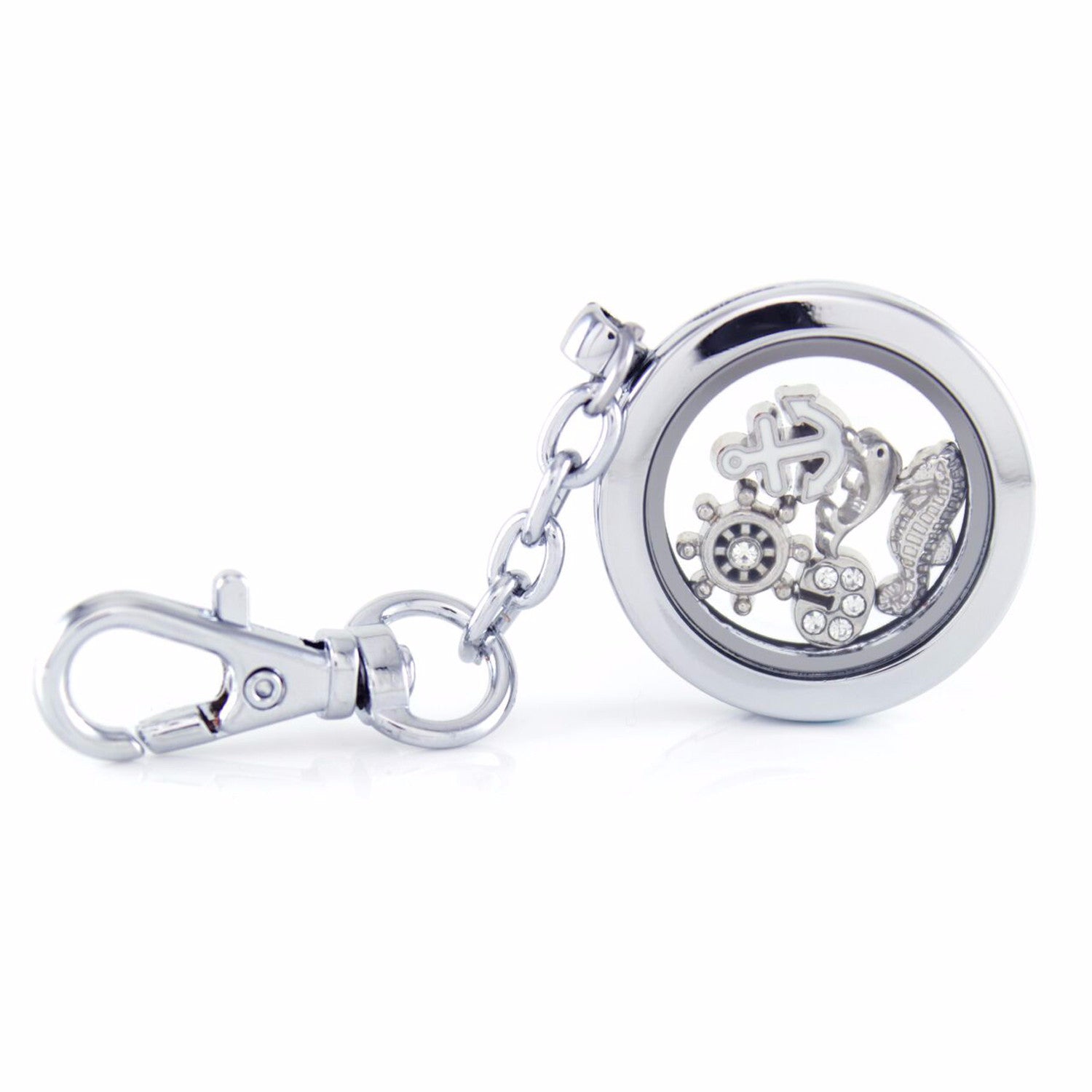 Silver Circle Floating Locket Keychain Includes 4 Charm Choices By