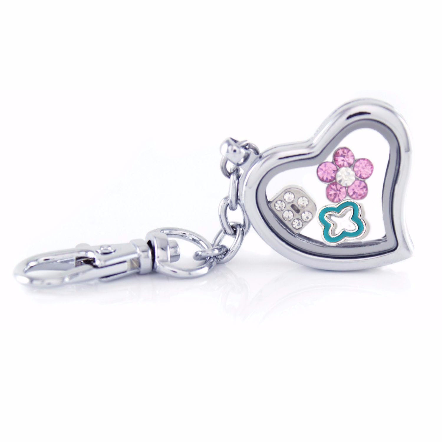 Silver Heart Floating Locket Keychain Includes 4 Charm Choices By BG247®