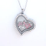 Floating Locket Necklace with 6 Mini Charms and Matching Chain (Silver Rhinestone Heart)